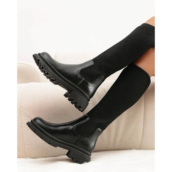 🆕 MOUSSE FIT Women's Black Knee High Rubber Boots Lug Sole Platform Block Heel - Picture 5 of 6